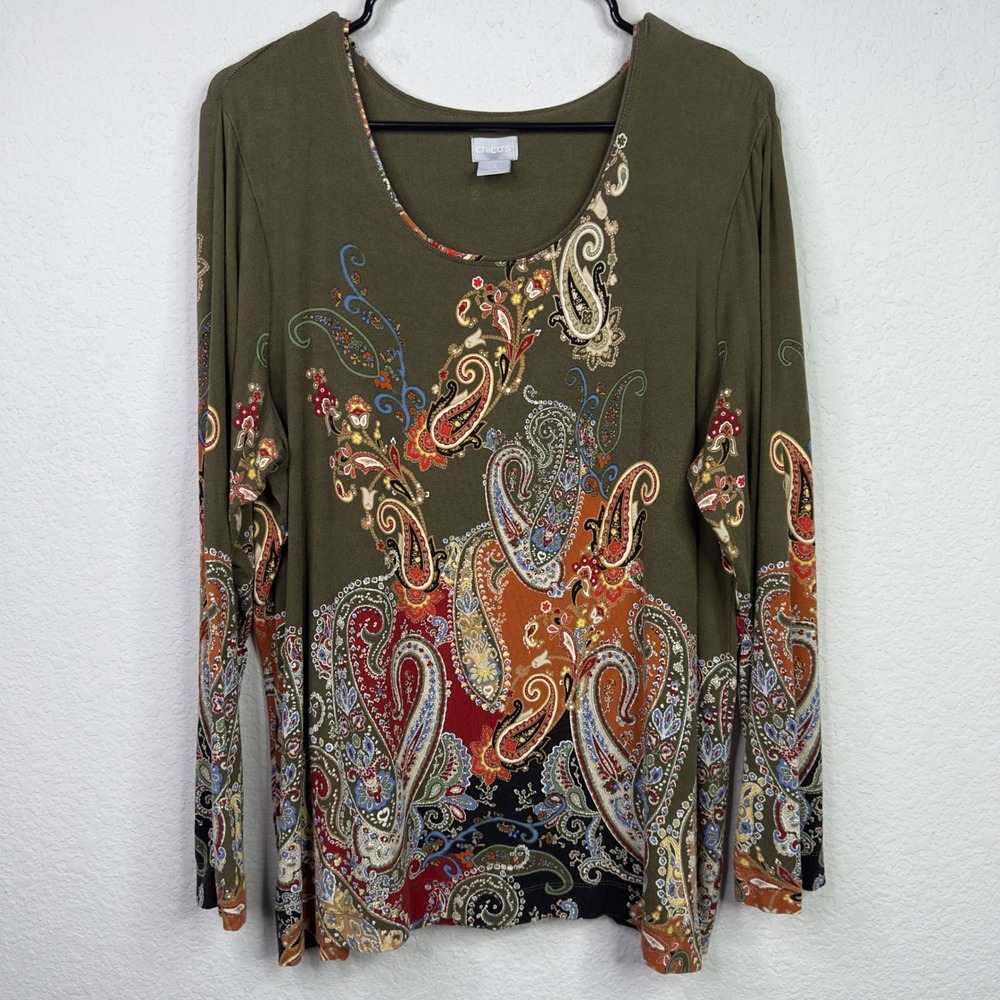 Chico's Shirt Womens XL Green Paisley Boho Art to Wear Earthy Whimsical Relaxed